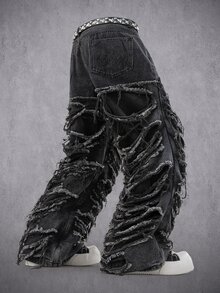 Manfinity Denimwave 男士休闲做旧毛边深灰色牛仔裤 - 黑色 - 查看 6