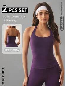 Eassivo Eassivo 女款 2 件組瑜伽套裝：粗肩帶掛脖內衣 + 收腹高腰 3 吋提臀單車褲 - 紫色 - 查看 6