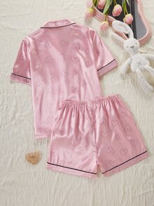 女童與年輕女性睡衣盲盒，包含1套粉色提花口袋刺繡套裝、1套橘色口袋刺繡套裝、1套粉色愛心印花套裝、1套紫色愛心印花套裝、1套白色愛心印花套裝，5套隨機發1套，舒適柔軟緞面翻領開襟短袖短褲居家休閒套裝，適合夏季居家室內穿著，5套睡衣隨機發1套 - 彩色 - 查看 3