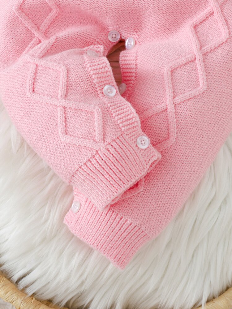 SHEIN Newborn Baby Girl Knit Crawler, Baby Girl Knit Autumn Winter Romper, Bow Decor, Turn-Down Collar, Soft And Comfortable - Baby Pink - View 6