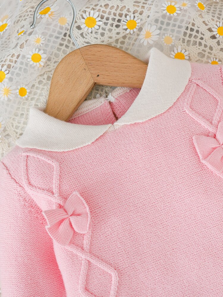 SHEIN Newborn Baby Girl Knit Crawler, Baby Girl Knit Autumn Winter Romper, Bow Decor, Turn-Down Collar, Soft And Comfortable - Baby Pink - View 7