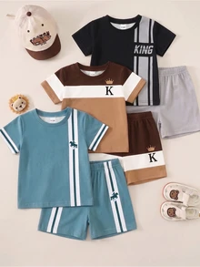 Baby Boys 3 Pack Random Side Stripe Colorblock KING Letter Horse Print Crew Neck Short Sleeve Tee Shirt And Shorts 2pcs Sets - Multicolor - View 6