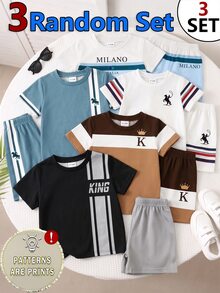 Baby Boys 3 Pack Random Side Stripe Colorblock KING Letter Horse Print Crew Neck Short Sleeve Tee Shirt And Shorts 2pcs Sets - Multicolor - View 5