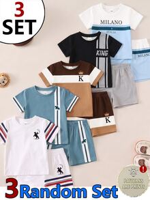 Baby Boys 3 Pack Random Side Stripe Colorblock KING Letter Horse Print Crew Neck Short Sleeve Tee Shirt And Shorts 2pcs Sets - Multicolor - View 3