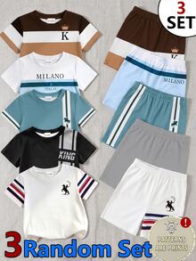 Baby Boys 3 Pack Random Side Stripe Colorblock KING Letter Horse Print Crew Neck Short Sleeve Tee Shirt And Shorts 2pcs Sets - Multicolor - View 4