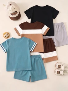 Baby Boys 3 Pack Random Side Stripe Colorblock KING Letter Horse Print Crew Neck Short Sleeve Tee Shirt And Shorts 2pcs Sets - Multicolor - View 2