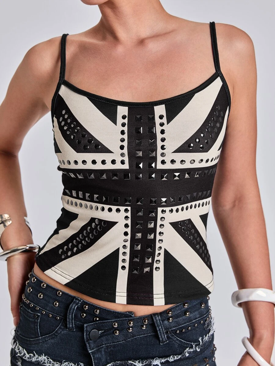ACID BLVD Women's Kpop Y2K Vintage UK Flag Print Rhinestone Rivet Camisole Top - Black - View 1