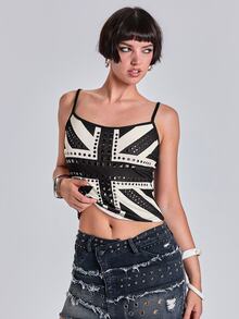 ACID BLVD Women's Kpop Y2K Vintage UK Flag Print Rhinestone Rivet Camisole Top - Black - View 4
