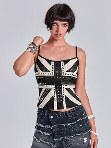 ACID BLVD Women's Kpop Y2K Vintage UK Flag Print Rhinestone Rivet Camisole Top - Black - View 5