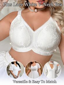 SHEIN 1件女款提花無鋼圈舒適無縫大尺碼內衣 - 白色 - 查看 1
