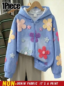 女童 1件裝花卉印花拉鍊連帽衛衣，舒適秋季休閒日常上衣 - 彩色 - 查看 3