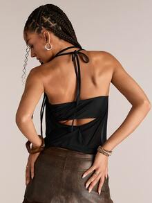 ACID BLVD Spring/Summer Women's Y2K Retro Deep Draped Neck Backless Street Style Strapless Tank Top (Includes Tube Top Lining) - Black - View 2