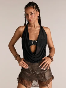 ACID BLVD Spring/Summer Women's Y2K Retro Deep Draped Neck Backless Street Style Strapless Tank Top (Includes Tube Top Lining) - Black - View 6
