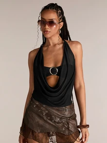ACID BLVD Spring/Summer Women's Y2K Retro Deep Draped Neck Backless Street Style Strapless Tank Top (Includes Tube Top Lining) - Black - View 7