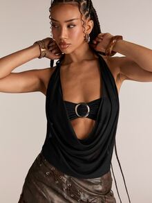 ACID BLVD Spring/Summer Women's Y2K Retro Deep Draped Neck Backless Street Style Strapless Tank Top (Includes Tube Top Lining) - Black - View 3