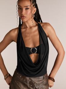 ACID BLVD Spring/Summer Women's Y2K Retro Deep Draped Neck Backless Street Style Strapless Tank Top (Includes Tube Top Lining) - Black - View 4