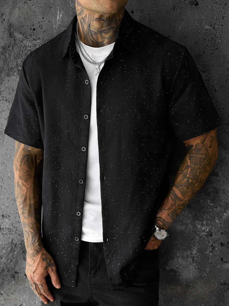 Zorclune Men's All-Over Print Casual Versatile Short Sleeve Shirt For Daily Wear - Black - View 1