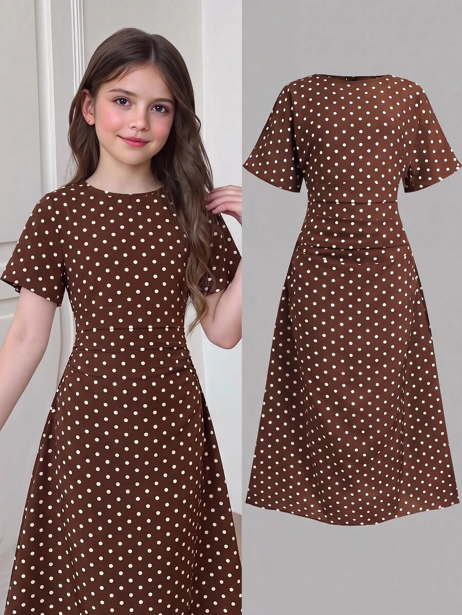 SHEIN 少女法式時尚圓領短袖波點印花洋裝 - 棕色 - 查看 1