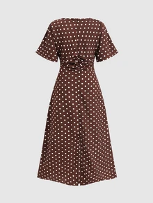 SHEIN 少女法式時尚圓領短袖波點印花洋裝 - 棕色 - 查看 3