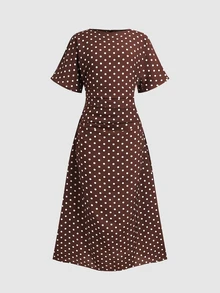 SHEIN 少女法式時尚圓領短袖波點印花洋裝 - 棕色 - 查看 2