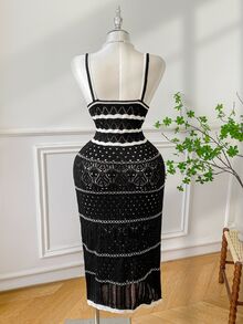 GalTyme Plus Size Casual Celestial Elegant Colorblock Striped Knit Cami Dress Formal Vacation Theme Party Black Summer - Black - View 2