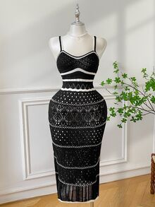 GalTyme Plus Size Casual Celestial Elegant Colorblock Striped Knit Cami Dress Formal Vacation Theme Party Black Summer - Black - View 5