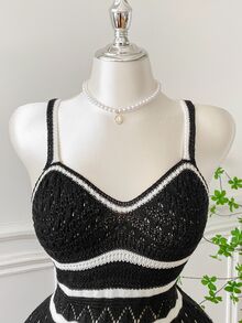 GalTyme Plus Size Casual Celestial Elegant Colorblock Striped Knit Cami Dress Formal Vacation Theme Party Black Summer - Black - View 6