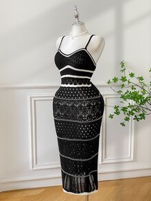 GalTyme Plus Size Casual Celestial Elegant Colorblock Striped Knit Cami Dress Formal Vacation Theme Party Black Summer - Black - View 4
