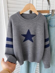 SHEIN Genkimix Kids 女童時尚休閒甜美五角星圖案套頭毛衣 秋季 - 深灰色 - 查看 9