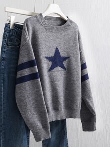 SHEIN Genkimix Kids 女童時尚休閒甜美五角星圖案套頭毛衣 秋季 - 深灰色 - 查看 6