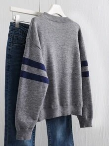 SHEIN Genkimix Kids 女童時尚休閒甜美五角星圖案套頭毛衣 秋季 - 深灰色 - 查看 2