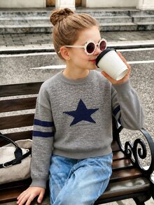 SHEIN Genkimix Kids 女童時尚休閒甜美五角星圖案套頭毛衣 秋季 - 深灰色 - 查看 1