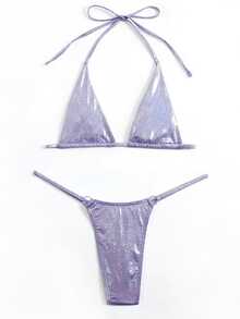 Swim SXY Conjunto de bikini triangular halter metálico para la playa de verano - Lila Púrpura - Ver 7
