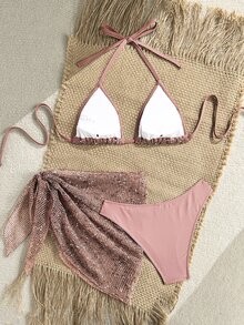 Swim SXY 3件式網布特殊面料套裝，適合女性春夏泳裝套裝，比基尼套裝性感穿搭 - 粉色 - 查看 2