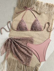 Swim SXY 3件式網布特殊面料套裝，適合女性春夏泳裝套裝，比基尼套裝性感穿搭 - 粉色 - 查看 3