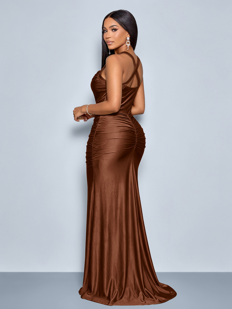 SOLERSUN Gaun Maxi Wanita Warna Champagne dengan Bahu Terbuka dan Detail Kerut, Lengan dengan Pita dan Belahan Samping, Gaun Pesta Bodycon - Coffee Brown - View 4