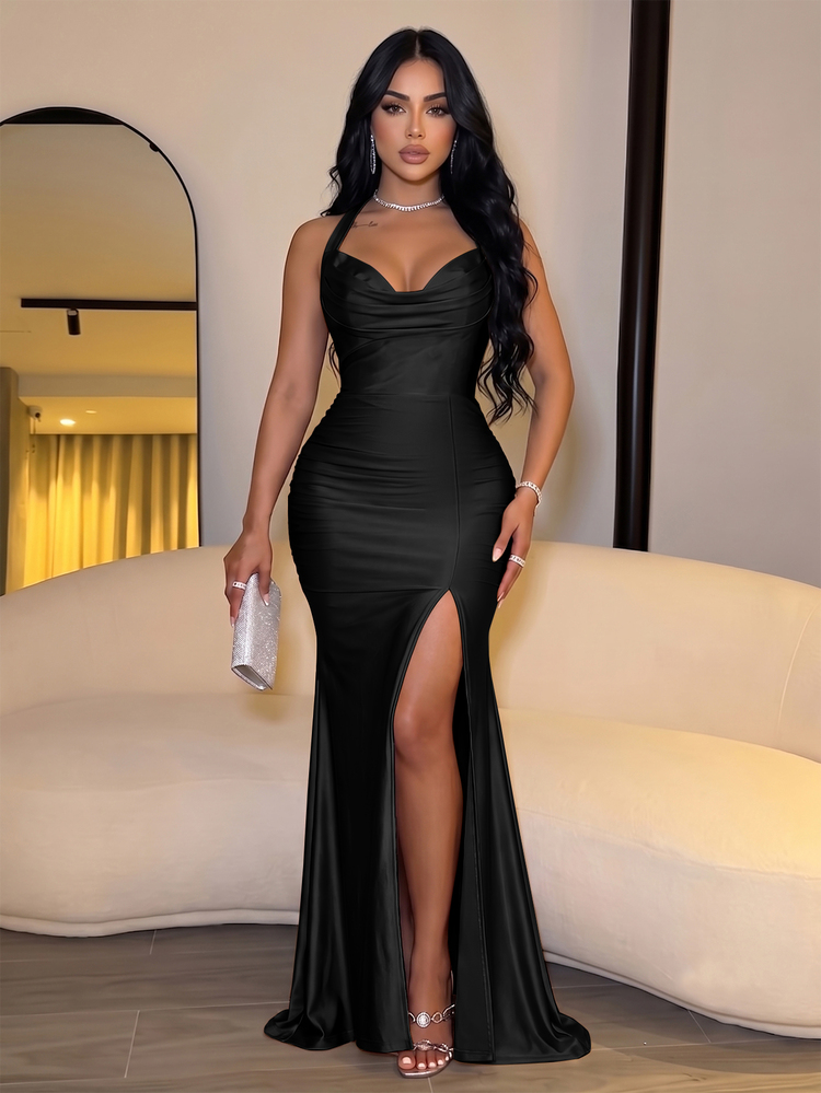 SOLERSUN Gaun Maxi Wanita Warna Champagne dengan Bahu Terbuka dan Detail Kerut, Lengan dengan Pita dan Belahan Samping, Gaun Pesta Bodycon - Hitam - View 1