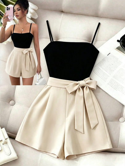 GlowEve Women's Black & Beige Color Block Cami Jumpsuit, Bow Tie Waist High Waist Slim Fit Romper