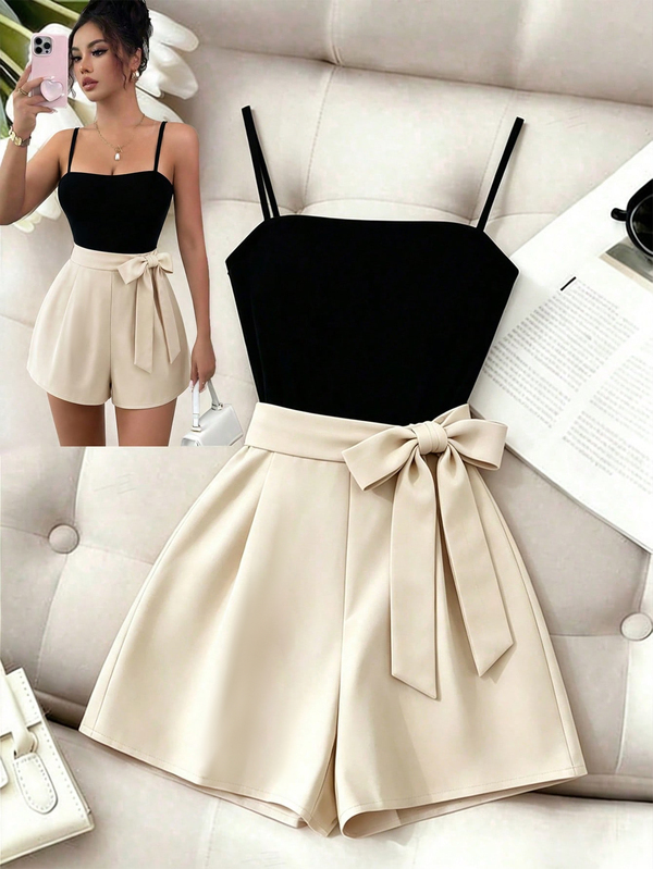 GlowEve Women's Black & Beige Color Block Cami Jumpsuit, Bow Tie Waist High Waist Slim Fit Romper