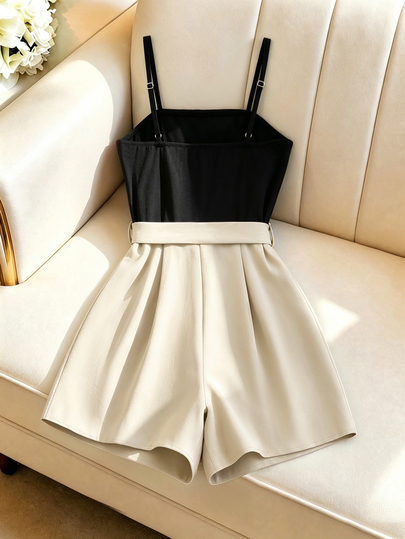 GlowEve Women's Black & Beige Color Block Cami Jumpsuit, Bow Tie Waist High Waist Slim Fit Romper