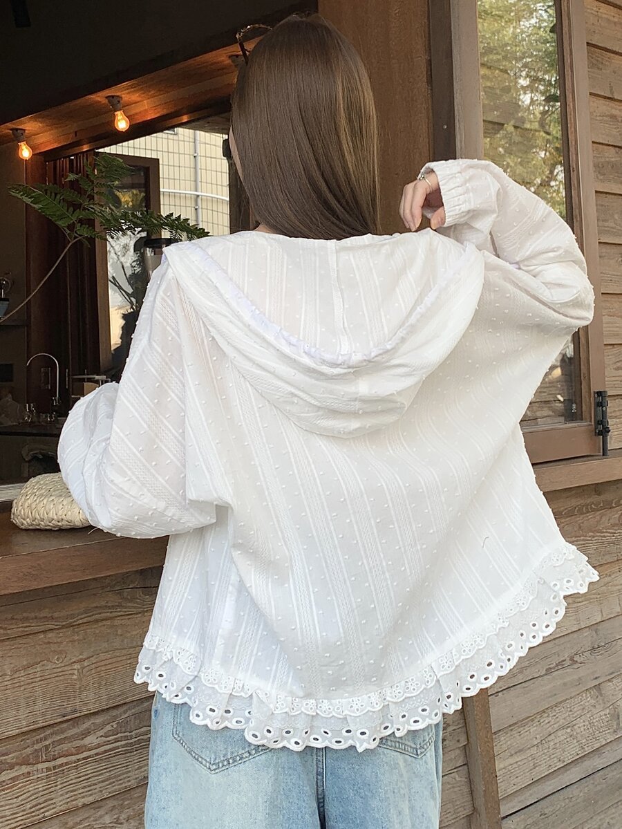 DAZY Jaket Kasual Berkerudung dengan Desain Patchwork Berumbai, Potongan Longgar untuk Remaja (Perempuan) - Putih - View 1