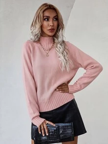 Elafinee 女款甜美時尚開衩下擺長袖套頭針織衫 - 粉色 - 查看 8