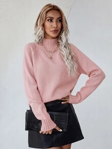 Elafinee 女款甜美時尚開衩下擺長袖套頭針織衫 - 粉色 - 查看 6