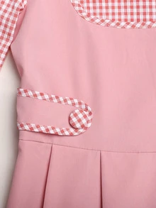 SHEIN Tween女孩返校穿搭，修身粉色與白色拼接長袖洋裝，3D蝴蝶結裝飾，翻領開襟，復古學院風，精緻粉色與白色格紋大3D蝴蝶結襯衫洋裝，休閒校園風 - 粉色 - 查看 3