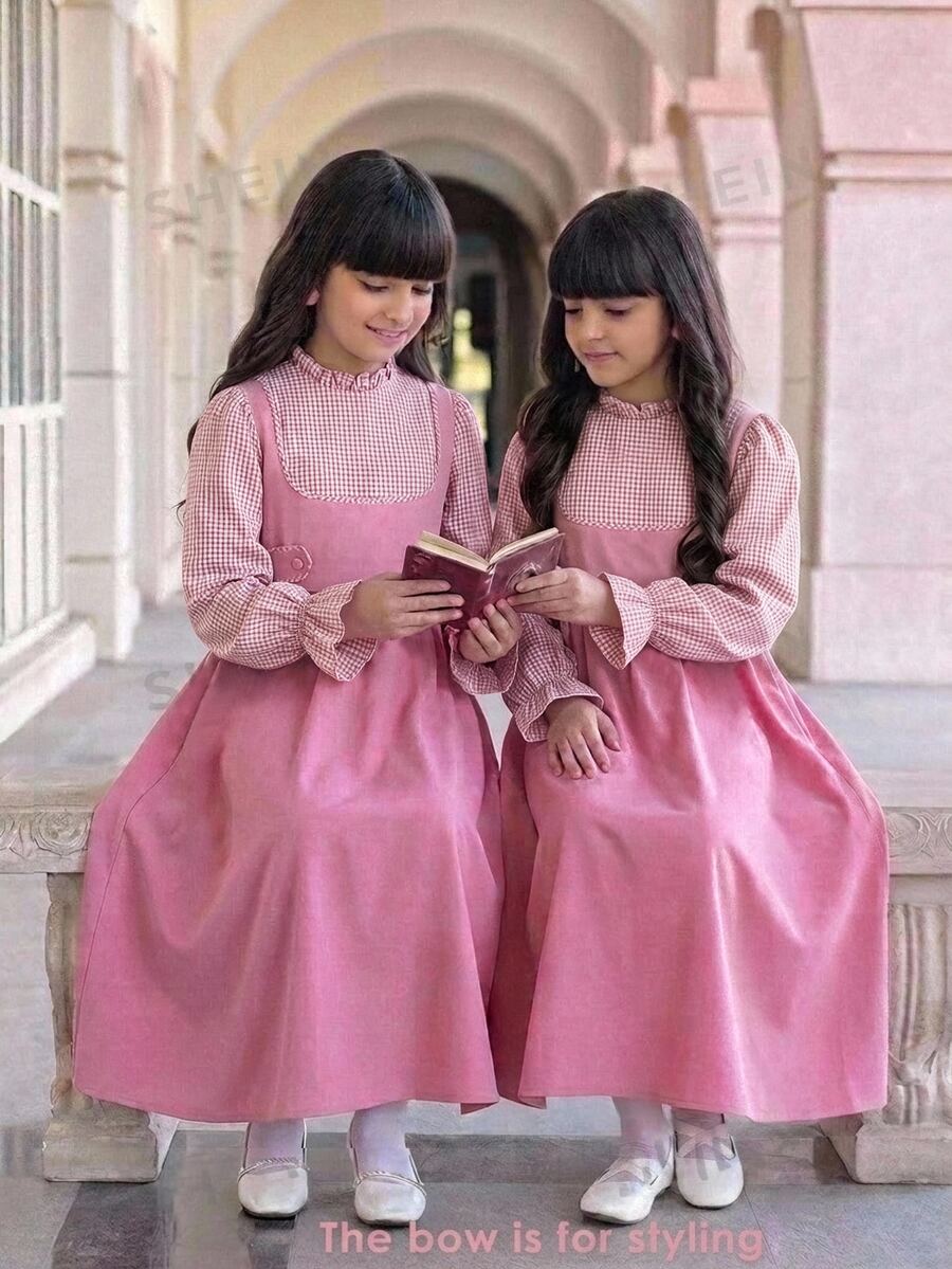 SHEIN Tween女孩返校穿搭,修身粉色與白色拼接長袖洋裝,3D蝴蝶結裝飾,翻領開襟,復古學院風,精緻粉色與白色格紋大3D蝴蝶結襯衫洋裝,休閒校園風 - 粉色 - 查看 1