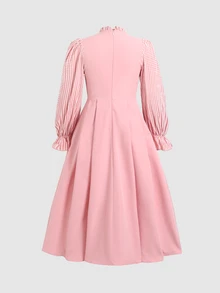 SHEIN Tween女孩返校穿搭，修身粉色與白色拼接長袖洋裝，3D蝴蝶結裝飾，翻領開襟，復古學院風，精緻粉色與白色格紋大3D蝴蝶結襯衫洋裝，休閒校園風 - 粉色 - 查看 4