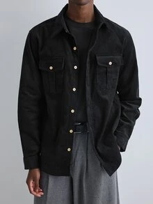 Merionis Men's Solid Color Single-Breasted Casual Versatile Daily Wear Shirt - Black - View 4