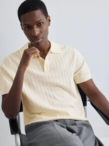 Merionis Men's Solid Color Polo Collar Short Sleeve Casual Knit Top - Apricot - View 6