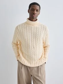 Merionis Men's Solid Color Turtleneck Casual Versatile Daily Wear Long Sleeve Sweater - Apricot - View 4