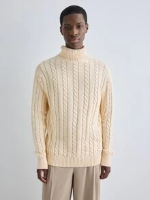 Merionis Men's Solid Color Turtleneck Casual Versatile Daily Wear Long Sleeve Sweater - Apricot - View 6